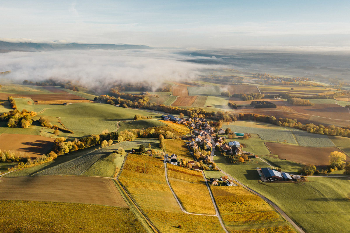 Lever de soleil d'automne et ses brumes matinales sur le village de Clarmont, près de Morges.